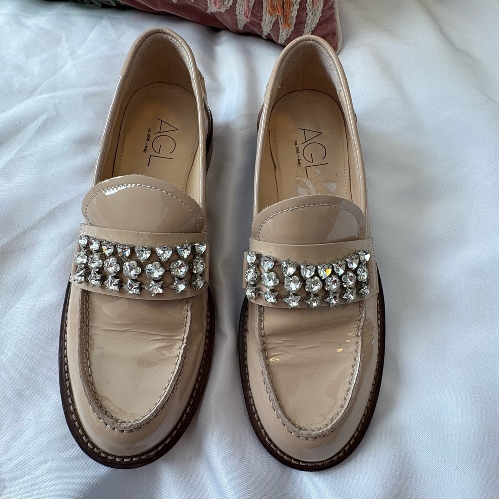 AGL Italian Lola Strass Mixed Crystal Loafers Size 39 Rhinestone Trim Beige Nude - Picture 8 of 13